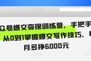 公众号爆文变现训练营，手把手教你，从0到1掌握爆文写作技巧，每个月多挣6000元